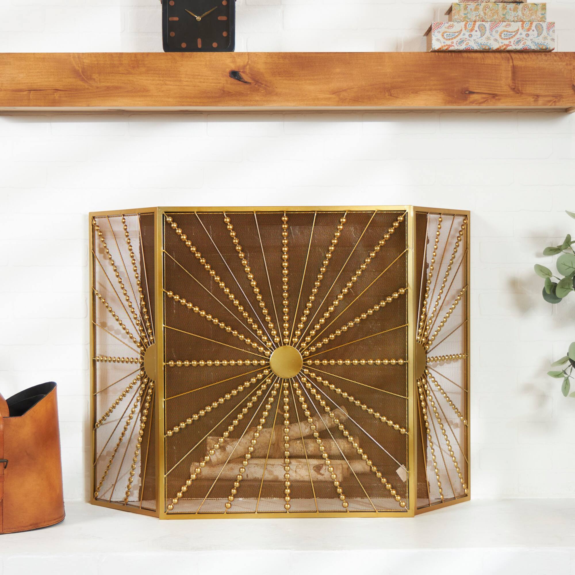 Gold Metal Foldable 3-Panel Starburst Fireplace Screen with Bead Inspired Rays